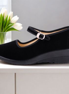 实在人老北京布鞋女防滑黑色酒店工作鞋女士坡跟布鞋红色跳舞舞鞋