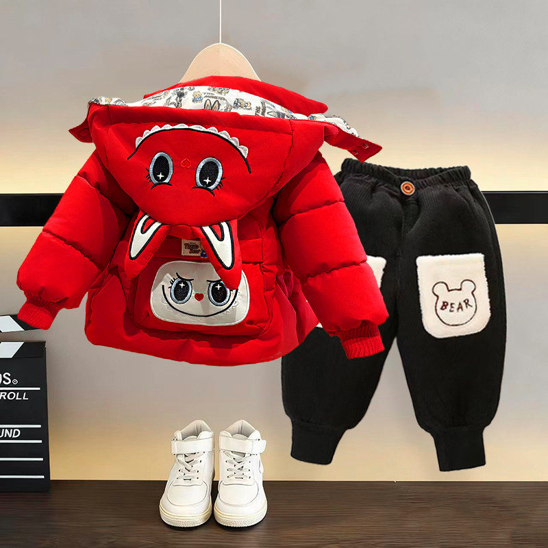 儿童冬季卡通拉布布棉衣套装加绒加厚保暖羽绒棉服两件套洋气外套