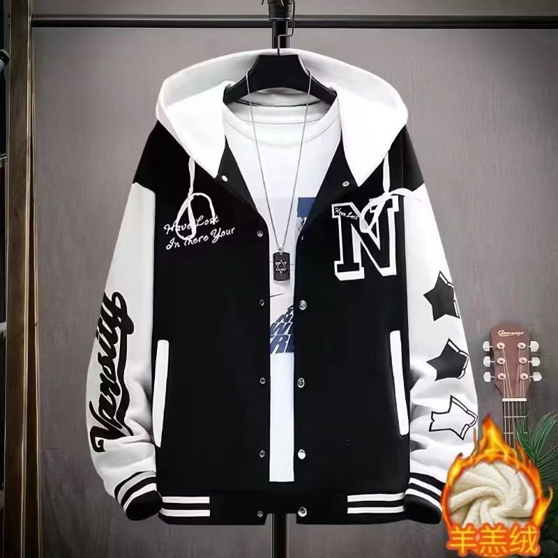 春秋冬季加绒加厚外套男青少年休闲运动帅气羊羔绒保暖棒球服夹克