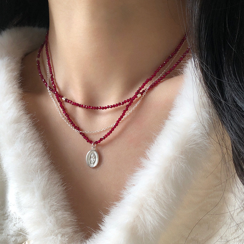 S925银双层切面红玉髓郁金香项链串珠花朵时尚高级感百搭锁骨链