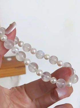 925银蓝色月光石淡水珍珠手链