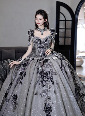 出租缔美拉恒星黑色婚纱新娘结婚长袖重工长拖尾仪式出门纱