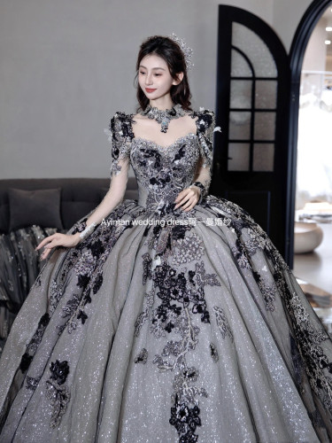 出租缔美拉恒星黑色婚纱新娘结婚长袖重工长拖尾仪式出门纱