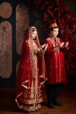 「出租」阿一曼红色回族婚纱重工出门纱收腰显瘦秀禾服