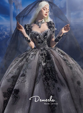 「出租」缔美拉黑色恒星长袖新娘高级质感重工奢华大拖尾主婚纱闪