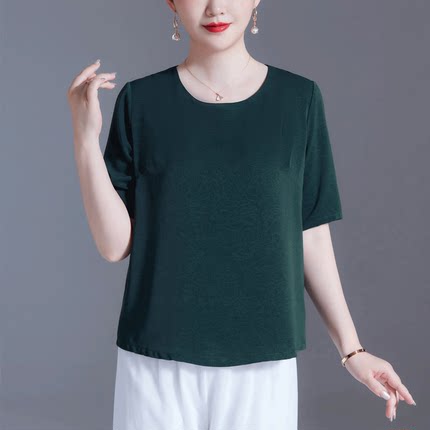 中老年妈妈夏装真丝短袖T恤女宽松大码高档桑蚕丝透气上衣体恤衫