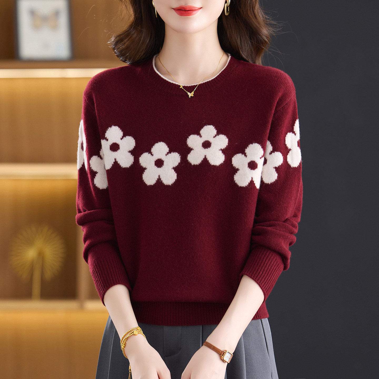 2026新款本命年衣服花朵显瘦针织打底衫女春秋大码秋冬红色毛衣