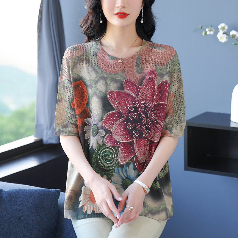 桑蚕丝针织衫上衣女夏装薄款宽松胖妈妈200斤加肥大码印花短袖T恤
