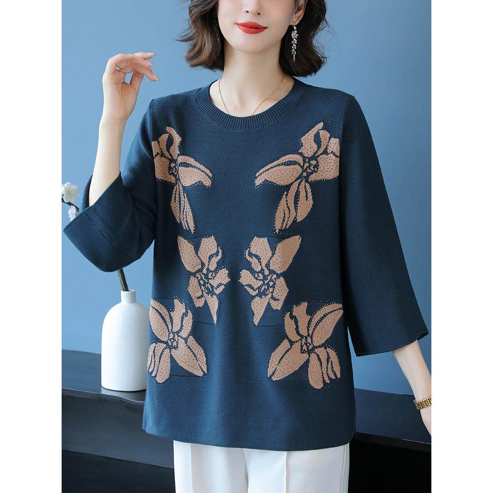 中老年妈妈秋装冰丝针织衫宽松上衣女加肥大码洋气印花七分袖T恤