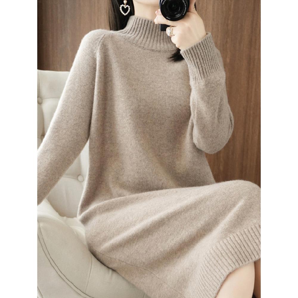 秋冬中长款半高领毛衣裙女新款过膝羊毛衫韩版时尚打底针织连衣裙