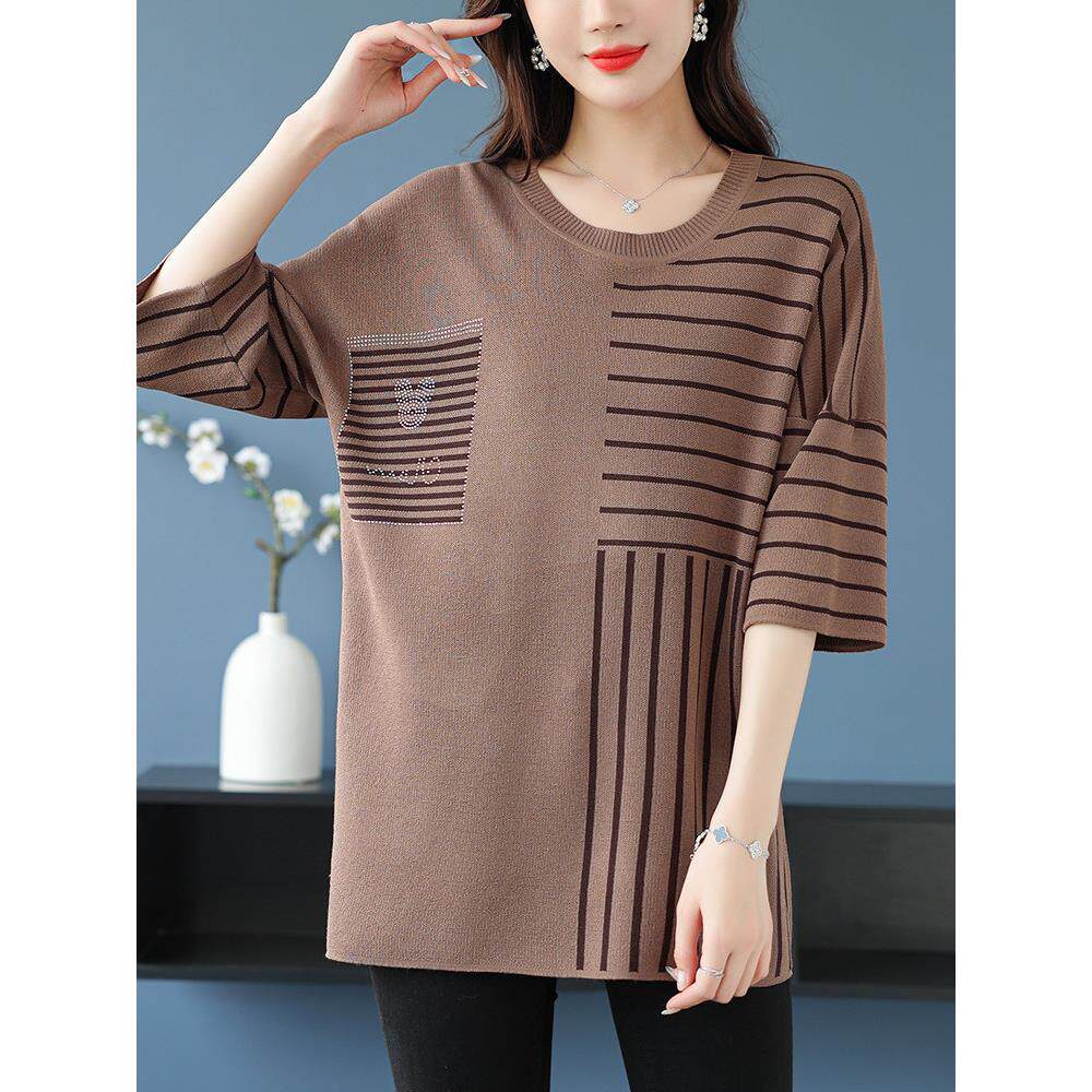 胖妈妈春夏冰丝t恤女中袖薄款中年女针织衫加肥加大码七分袖上衣
