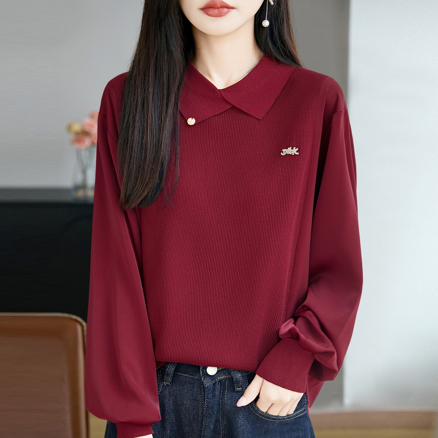 翻领酒红色针织衫女春秋宽松洋气打底衫薄款大码拼接毛衣2026新款