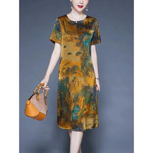 杭州重磅真丝裙子女士夏季新款印花连衣裙妈妈中长款桑蚕丝宽松裙