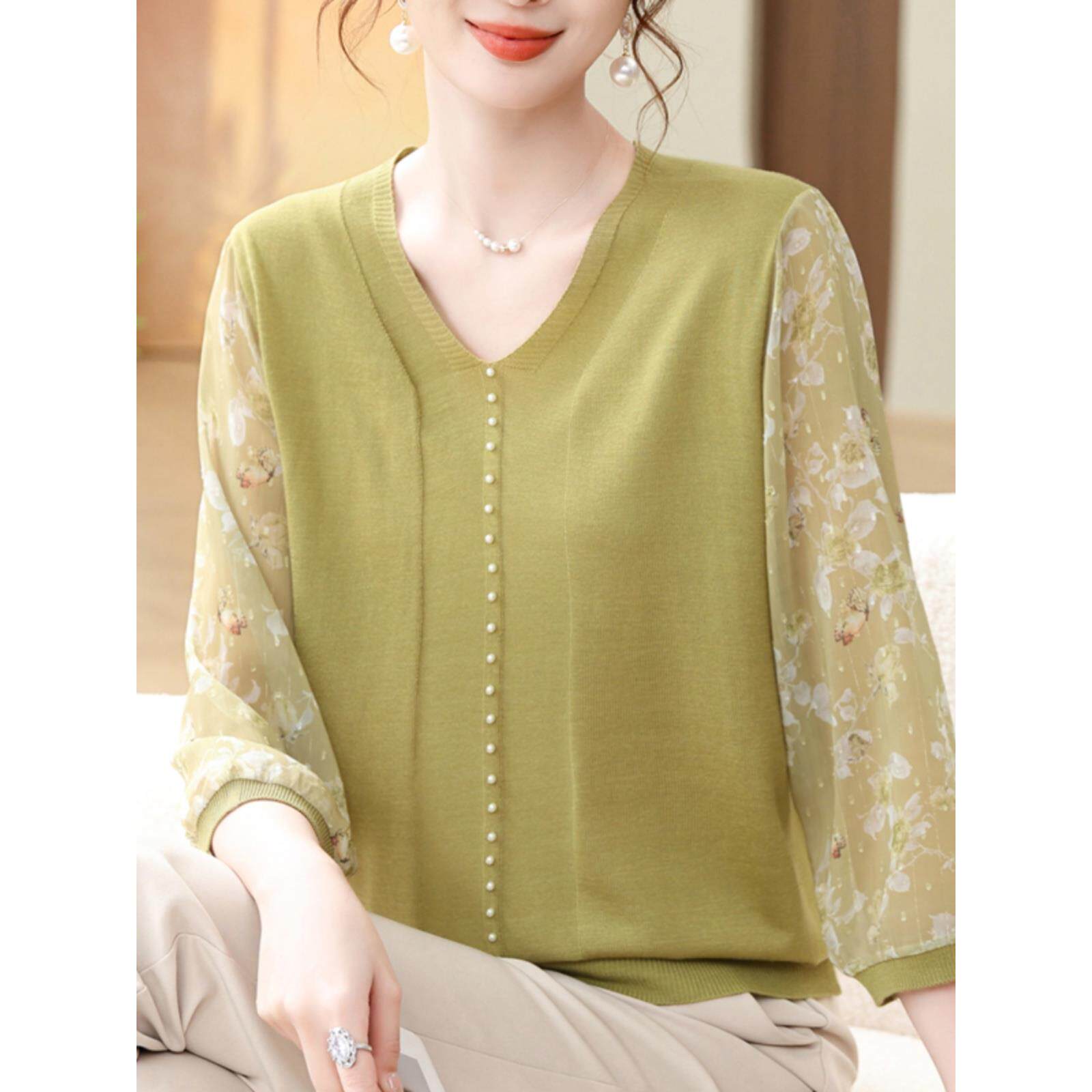 春夏洋气桑蚕丝上衣女中年妈妈宽松遮肚加肥加大码纱袖冰丝T恤薄