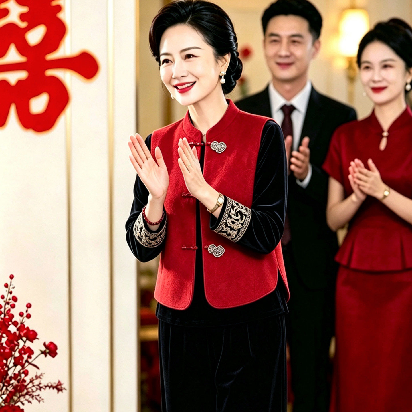 结婚礼服妈妈秋冬季新中式裤子套装喜婆婆婚宴红色上衣服平时可穿