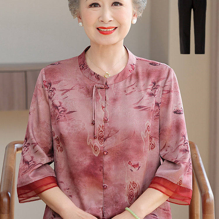 新中式妈妈装老年人女国风唐装衬衫老太太奶奶夏装60岁70短袖套装