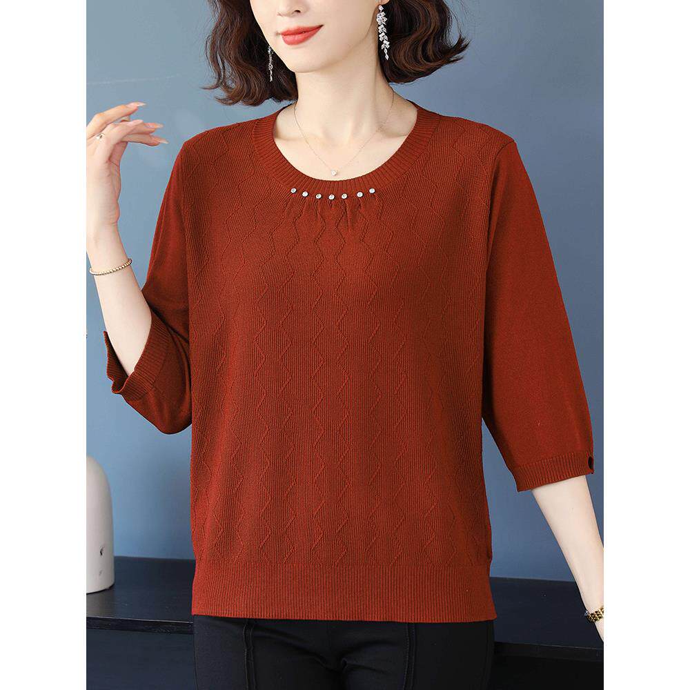 胖妈妈春夏新款桑蚕丝针织衫宽松加大码中袖T恤女七分袖薄款上衣