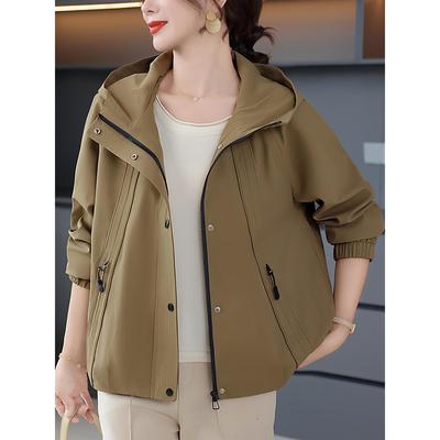 妈妈春秋装连帽风衣薄款大码50多岁中老年短款夹克外套女洋气上衣