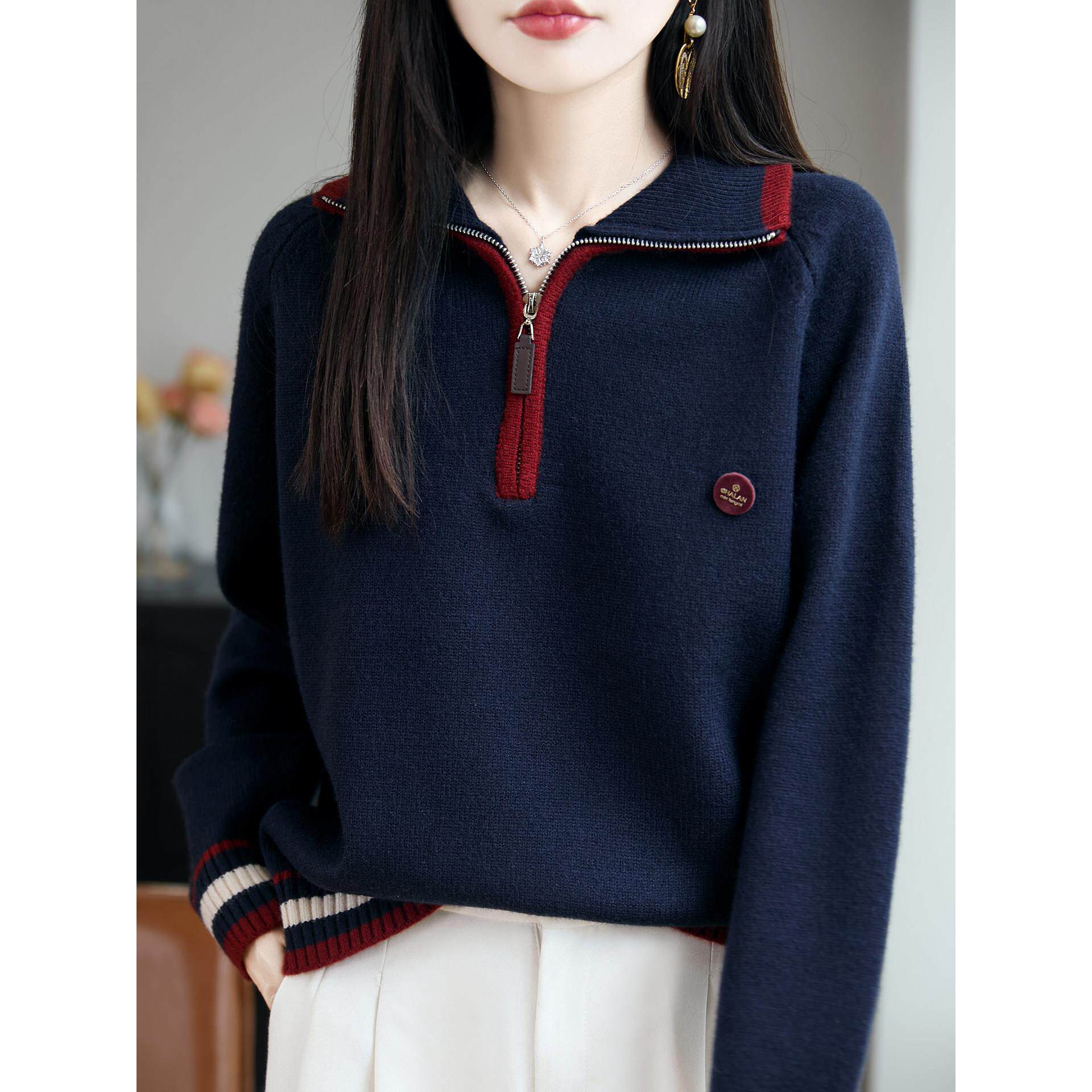 微胖mm春秋大码翻领女士毛衣遮肚子显瘦上衣内搭高级感针织打底衫