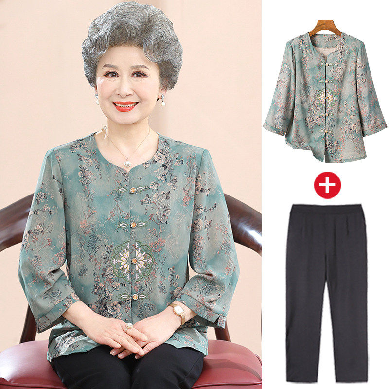 奶奶夏装中老年人衬衫女妈妈上衣唐装春夏外套七分袖太太衣服套装