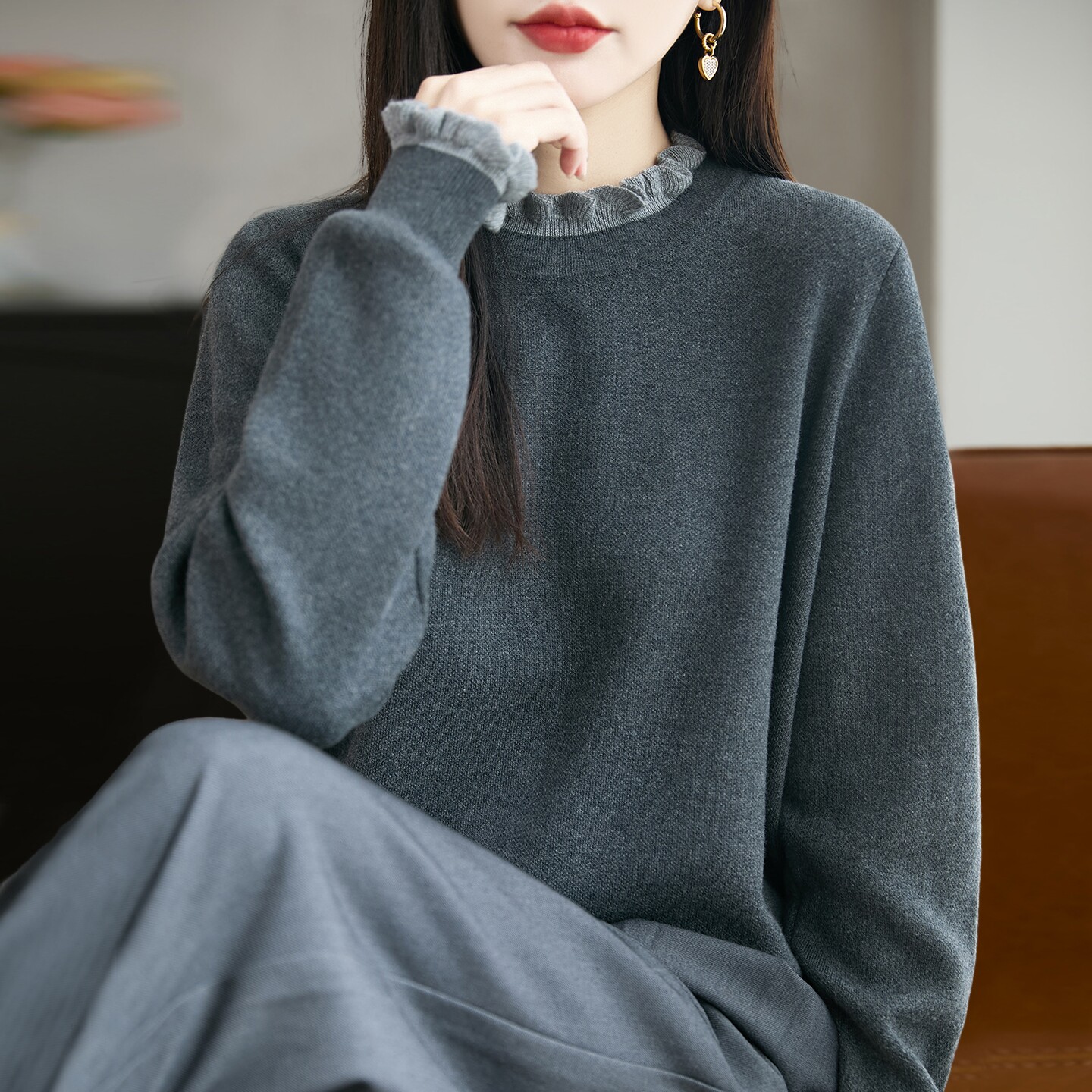 时尚加厚木耳边针织打底衫女2026新款春秋大码女装上衣秋冬毛衣