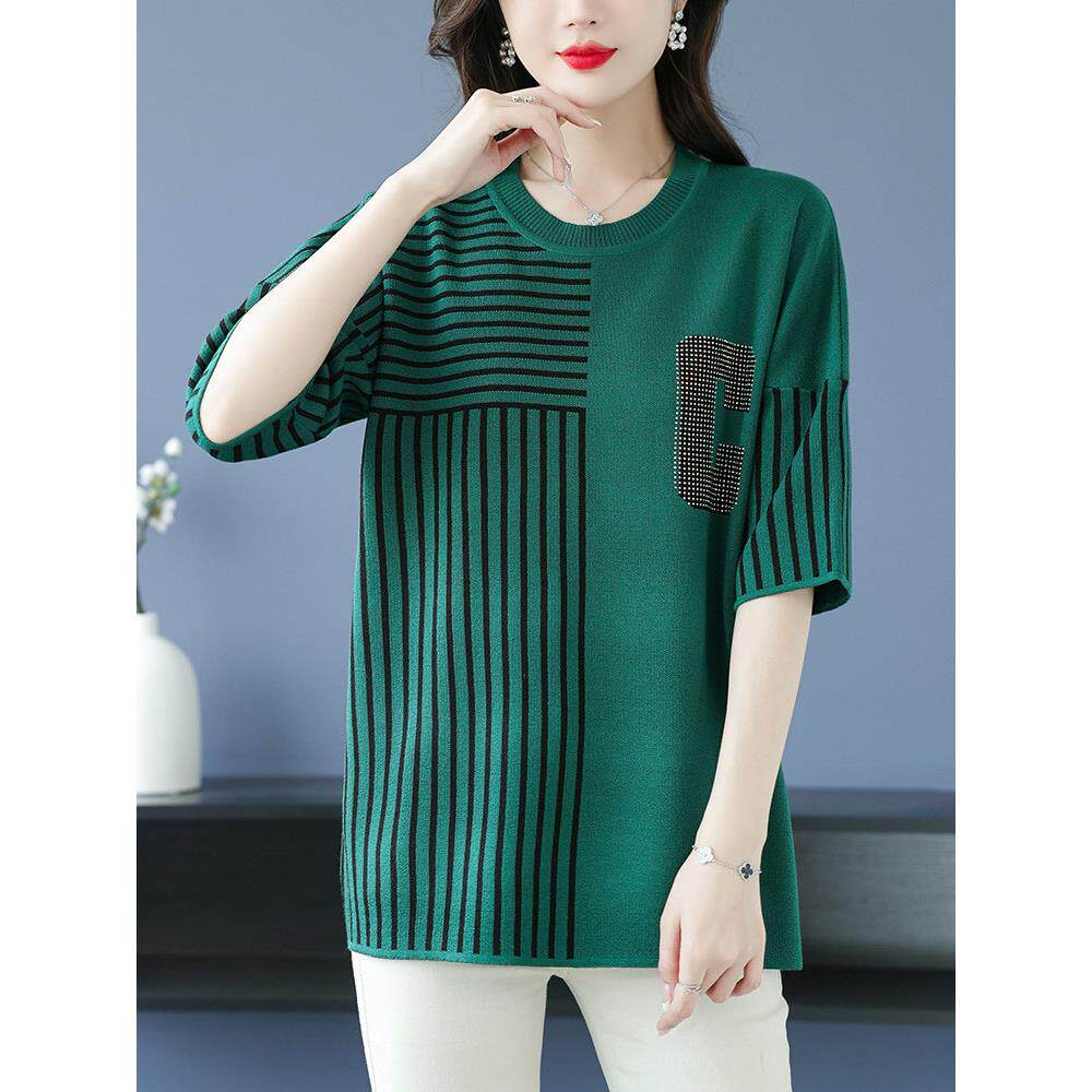胖妈妈夏装冰丝针织衫女薄款洋气中年加肥特大码蚕丝上衣中袖T恤