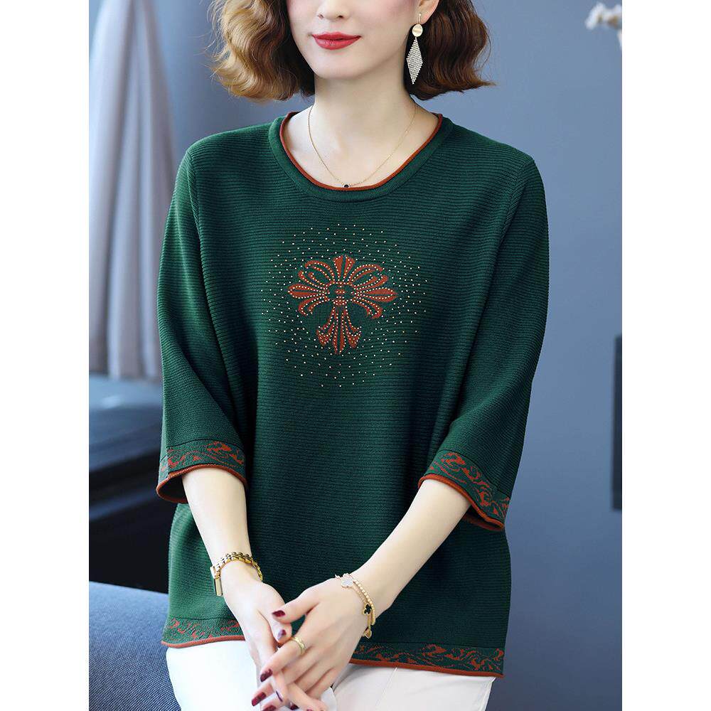 妈妈装桑蚕丝中袖上衣女中老年冰丝t恤2025新款加肥加大码针织衫