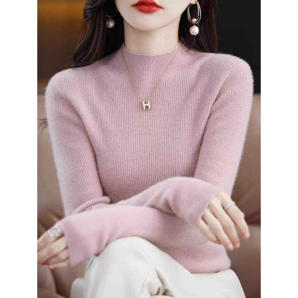 鄂尔多斯市100纯羊毛衫女秋冬新款半高领修身毛衣羊绒针织打底衫