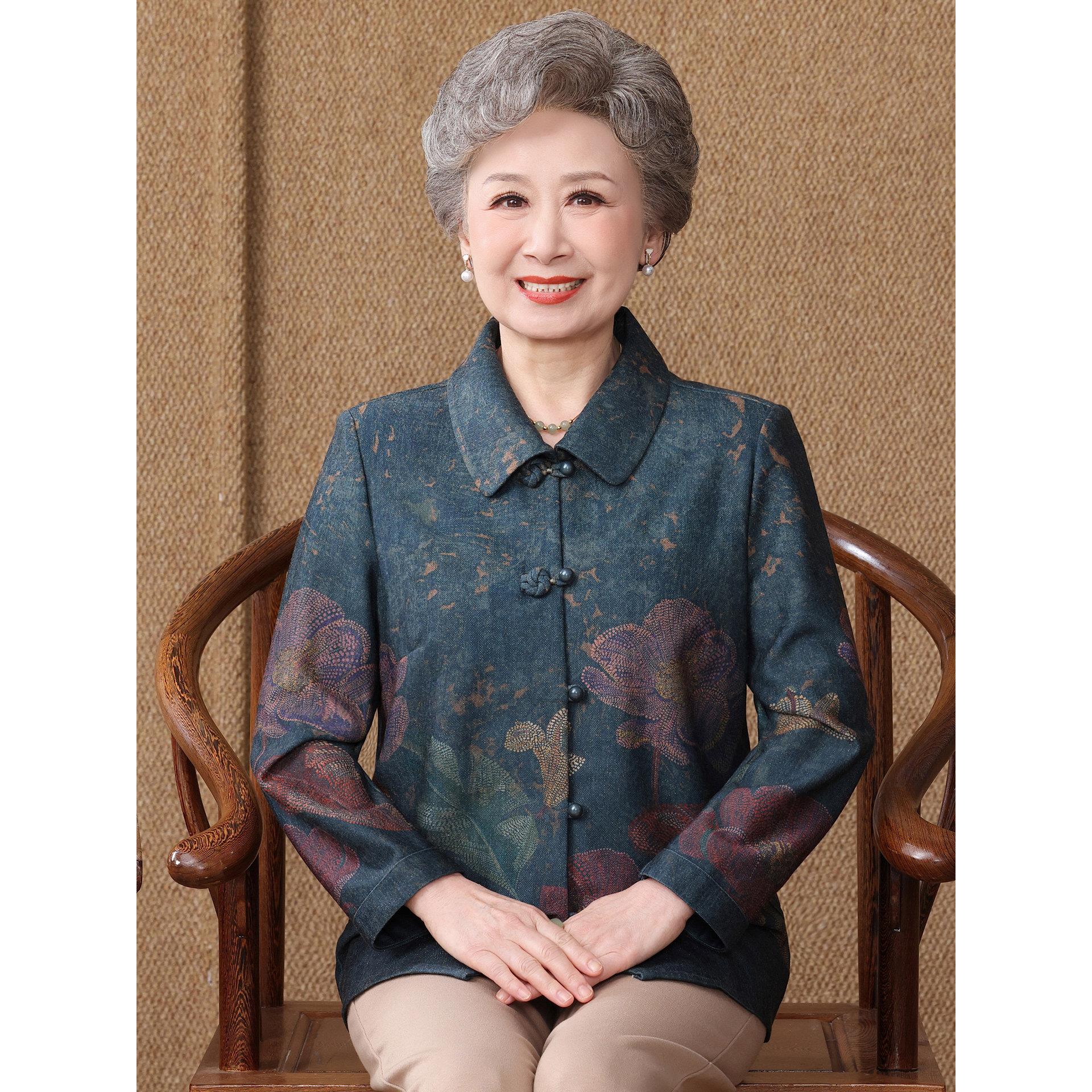 妈妈装国风翻领长袖衬衫女中老年春秋开衫薄款时尚外套奶奶装衬衣