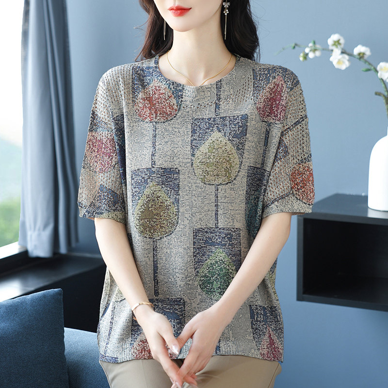 中年妈妈夏季新款冰丝短袖T恤女加肥加大码印花针织上衣洋派T恤衫