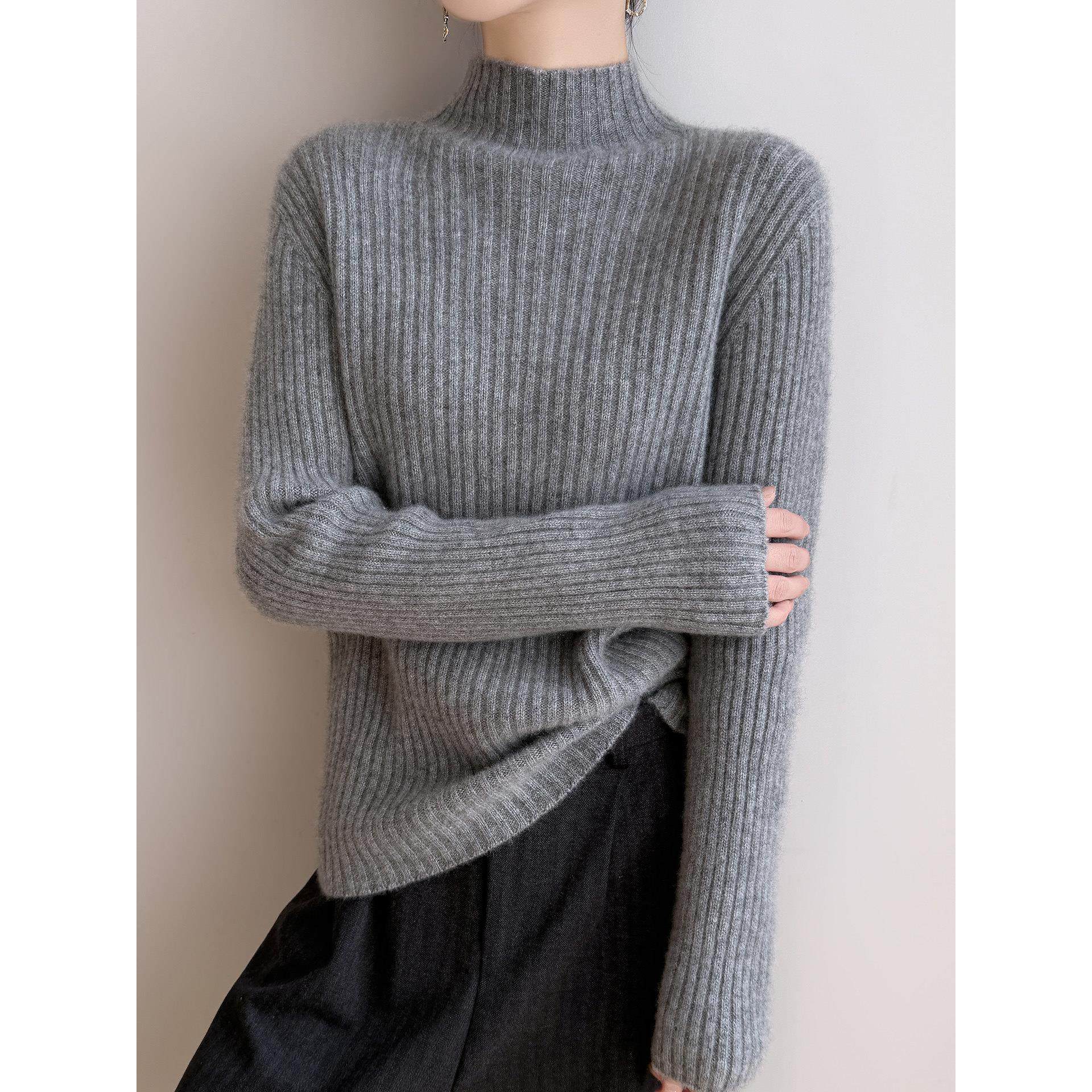 淑女风半高领坑条针织衫女灰色加厚保暖内搭打底衫高级感慵懒毛衣