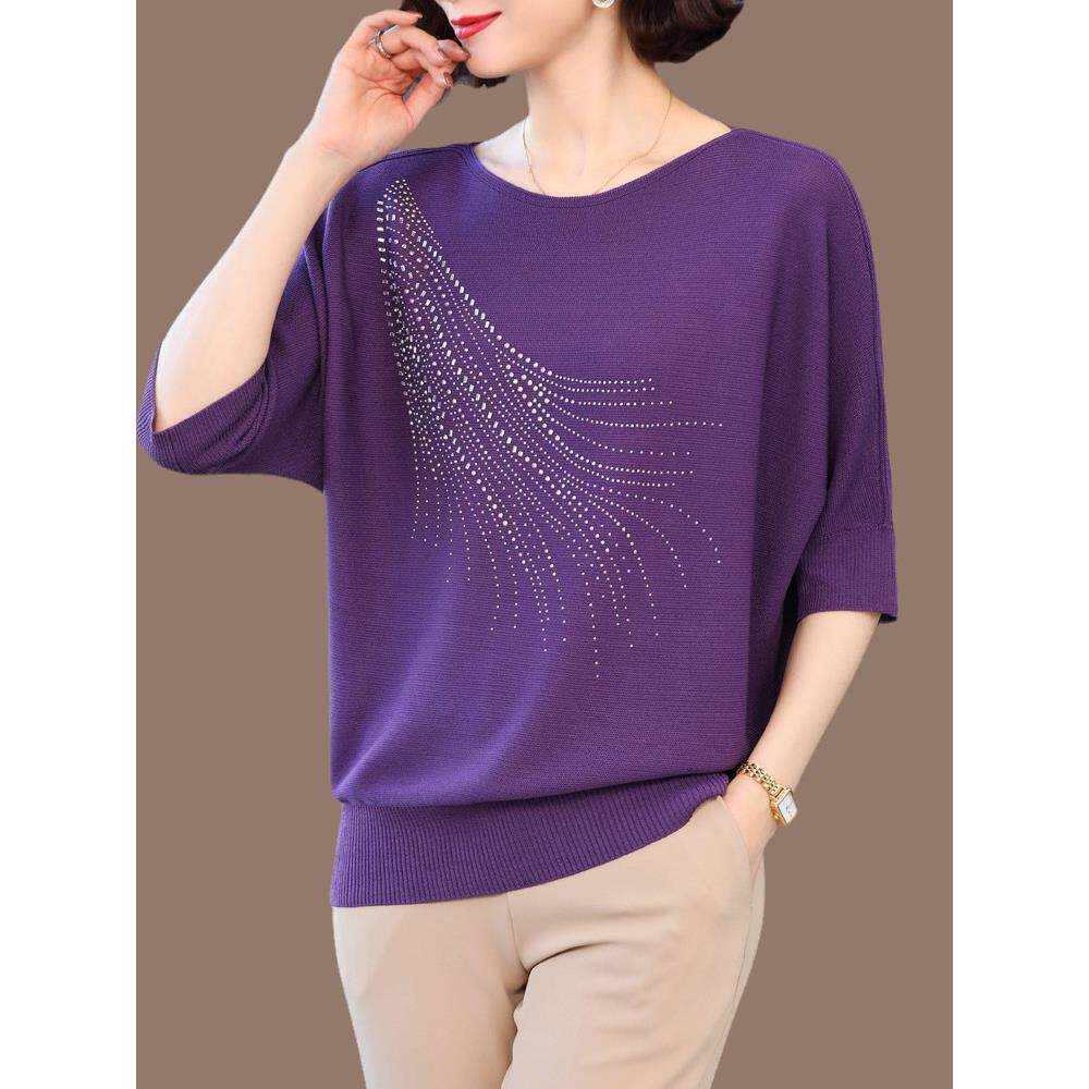 胖mm冰丝针织衫薄上衣女宽松大码桑蚕丝短袖t恤洋气中年妈妈夏装