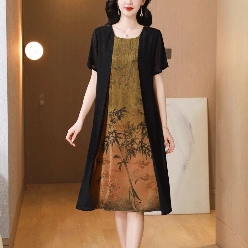 中年妈妈夏装香云纱真丝洋装女洋派假两件加大码遮肚桑蚕丝裙子