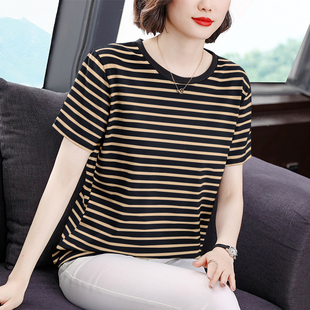 纯棉短袖 减龄中年妈妈装 夏季 t恤女新款 上衣 大码 宽松遮肚条纹半袖
