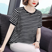 女装 棉质条纹t恤女短袖 大码 薄款 妈妈加肥加大上衣 宽松夏2026新款