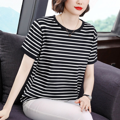 棉质条纹t恤女短袖宽松夏2026新款薄款大码女装妈妈加肥加大上衣