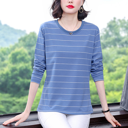 棉质韩版条纹长袖T恤女宽松百搭春秋新款中年妈妈大码打底衫上衣