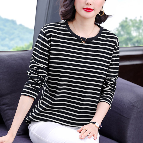纯棉女长袖条纹打底衫宽松显瘦