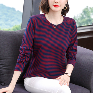 中老年妈妈内搭打底衫 新款 条纹上衣 t恤女宽松2025春秋装 棉质长袖