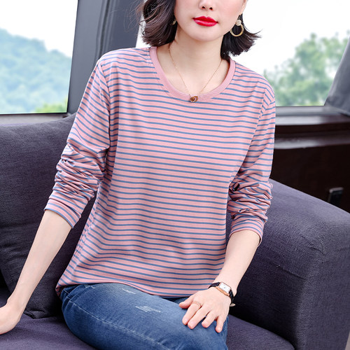 纯棉女长袖条纹宽松大码