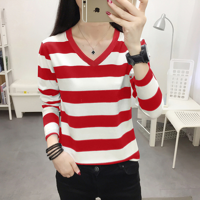 棉质V领条纹长袖t恤女宽松春秋装新款大码显瘦洋气外穿打底衫上衣