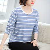 棉质中年妈妈打底衫 t恤 遮肚子显瘦条纹长袖 秋衣2025新款 宽松大码