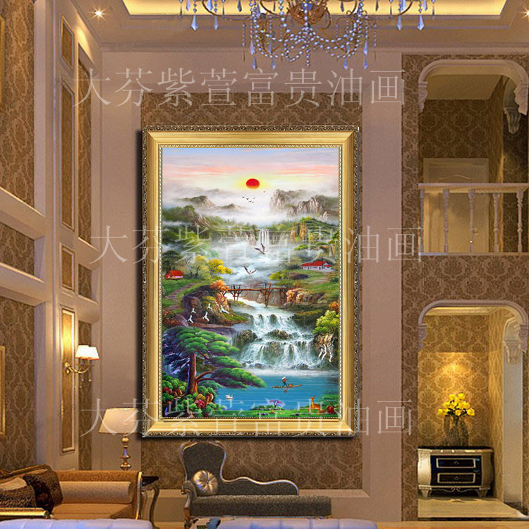 手绘大幅风景山水油画聚宝盆客厅酒店餐厅办公室玄关装饰挂画图片