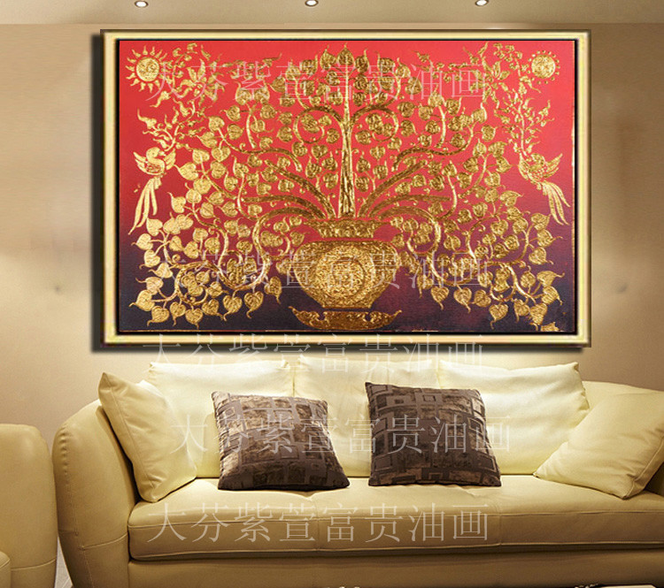 东南亚风格手绘装饰画有框画酒店会所玄关壁画金色红底菩提树图片