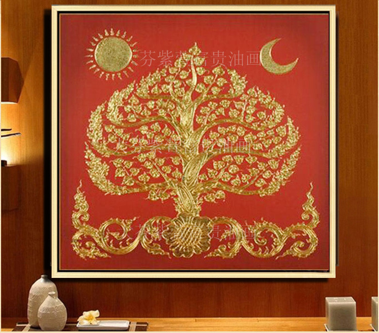 东南亚泰式客厅书房金箔菩提树油画别墅家居装饰画壁画图片