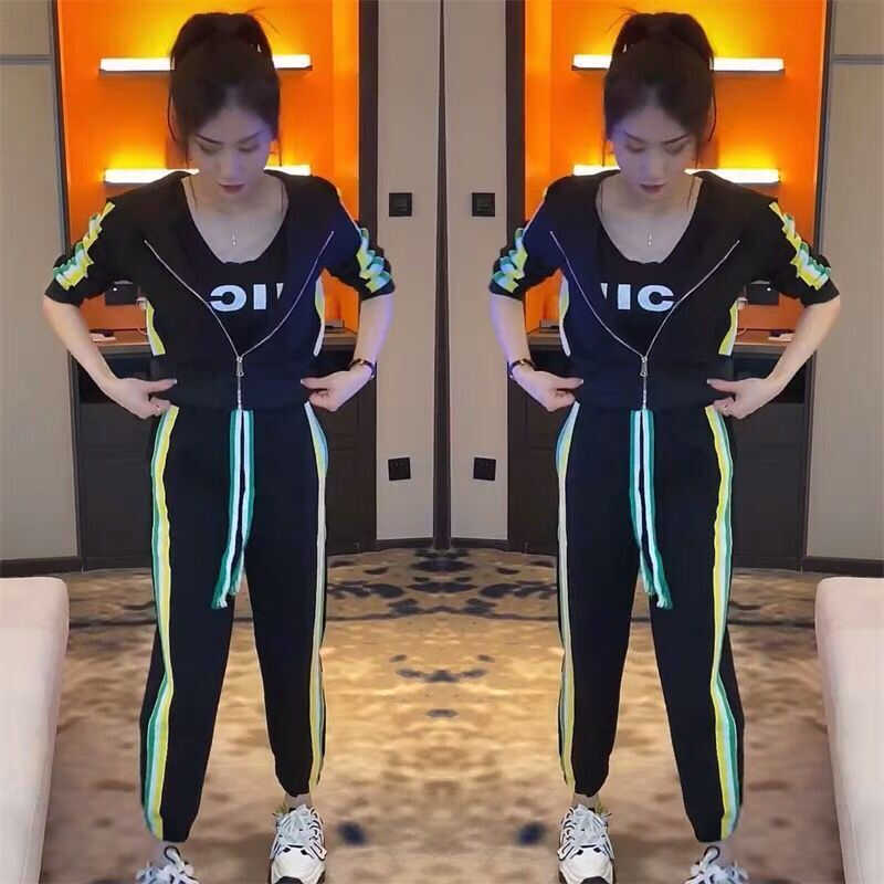 网红休闲运动服套装女春秋季新款韩版修身显瘦连帽外套时尚三件套