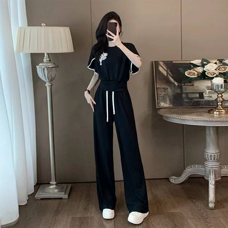 休闲运动套装女夏新款韩版洋气黑色显瘦短袖上衣时尚阔腿裤两件套