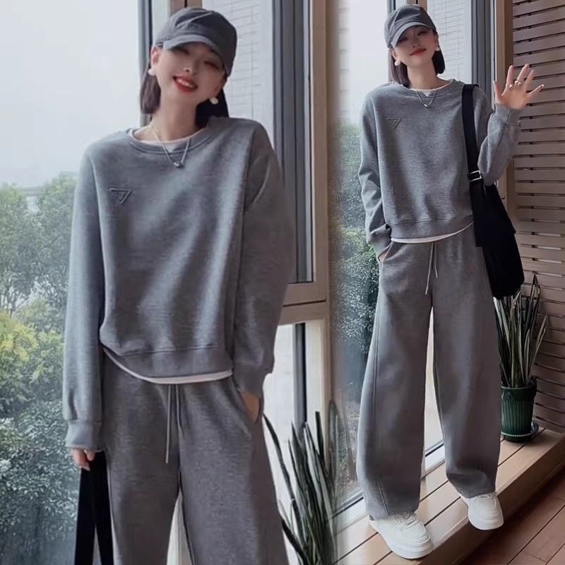 休闲运动套装女春秋新款韩版纯色假两件卫衣显瘦时尚阔腿裤两件套