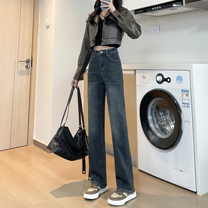 高腰加绒直筒牛仔裤女宽松显瘦
