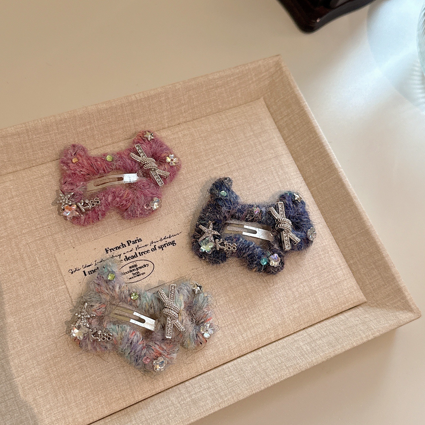 毛线狗狗~韩系秋冬新款水钻蝴蝶结发夹精致闪钻刘海夹BB夹头饰女